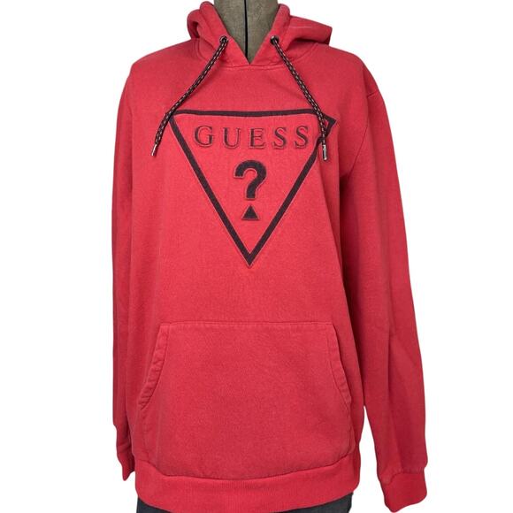 GUESS Red Embossed‎ 3D Logo Hoodie Mens (L) Soft Oversized Streetwear - Picture 1 of 6